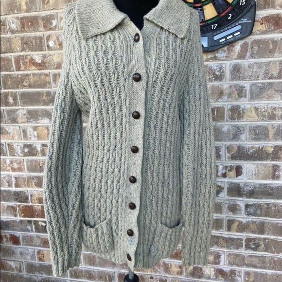 Vintage Sweaters - Vintage wool thick Ireland Chunky cableknit Fisherman shacket Sweater ca…